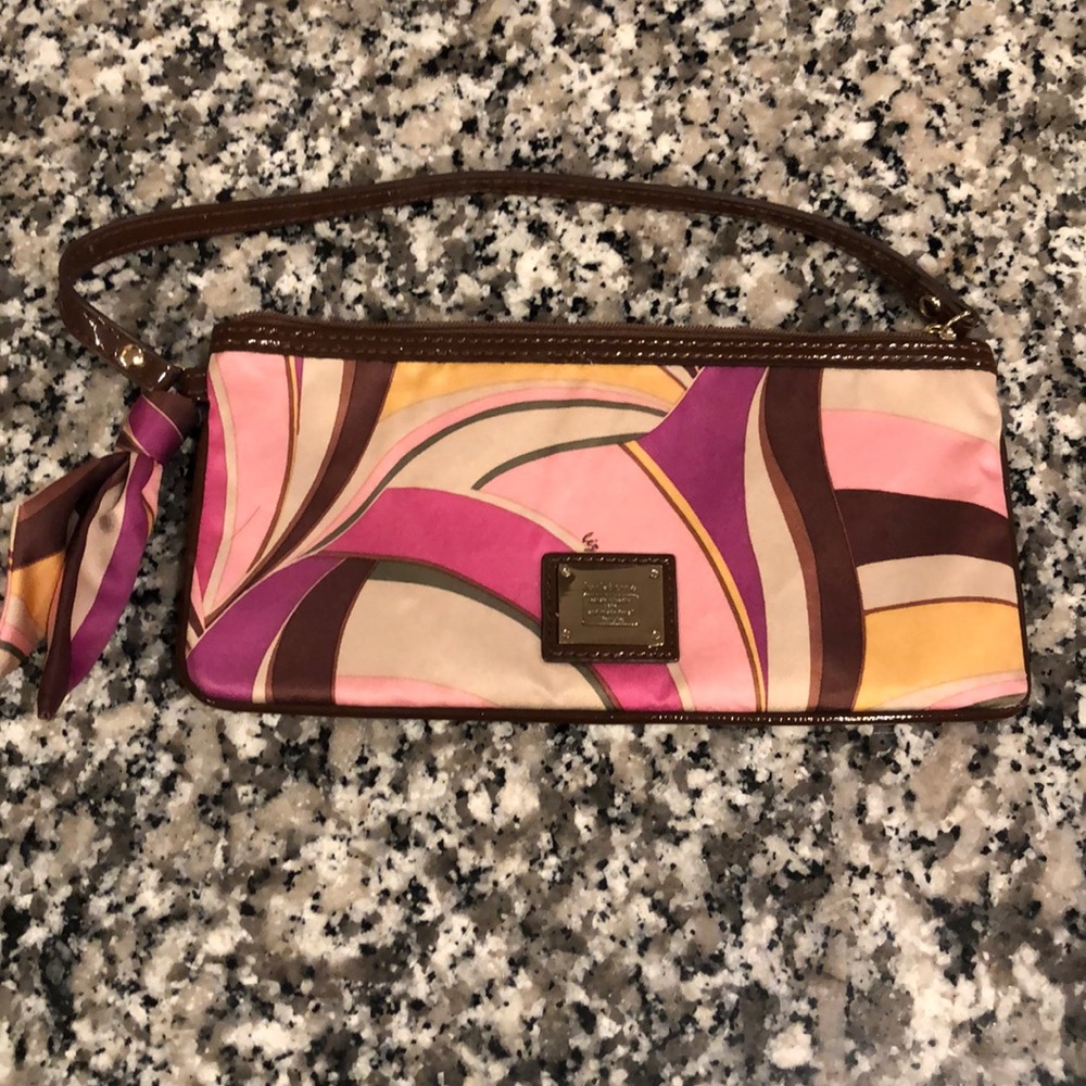 Liz Claiborne satin feel wristlet with patent trim